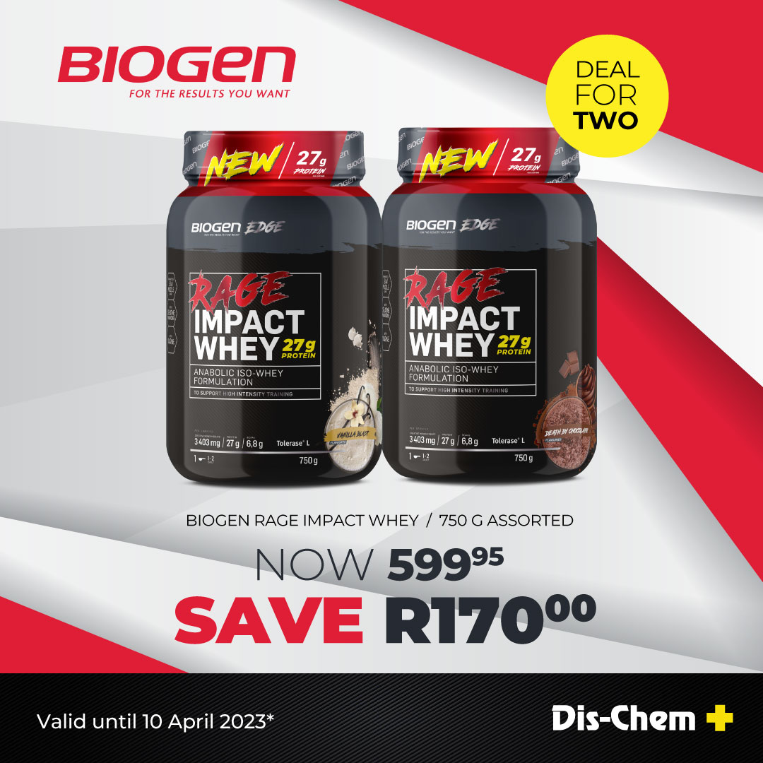 Dischem_LiveFit's tweet photo. Two is better than one π€©
Buy any 2x @BiogenSA Impact Whey 750g and save R170! π€©
π Shop in-store and online at @Dischem
Valid until 10 April 2023
Ts and Cs apply.
#livingfit #biogen #dischemsale #beyourbest https://t.co/DFV7muV0he
