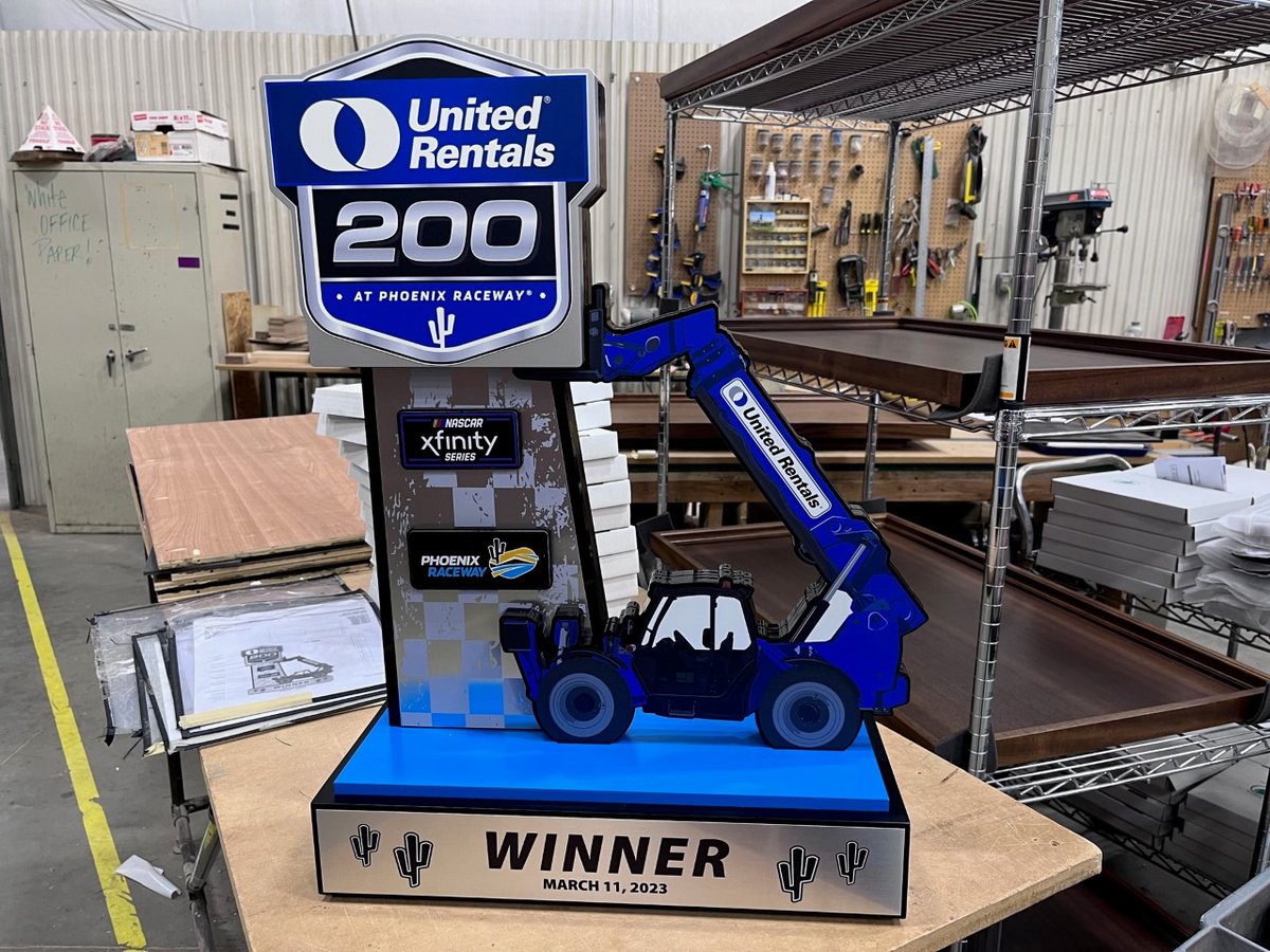 RaceTrophyGuy's tweet photo. The next weekend @phoenixraceway our trophy for the @NASCAR_Xfinity @UnitedRentals 200 featured a telehandler forklift lifting up the logo.  @sammysmithSS won his first race in the series in his @PilotFlyingJ @ToyotaRacing for @JoeGibbsRacing. #RaceTrophy https://t.co/ui1Eem97eO