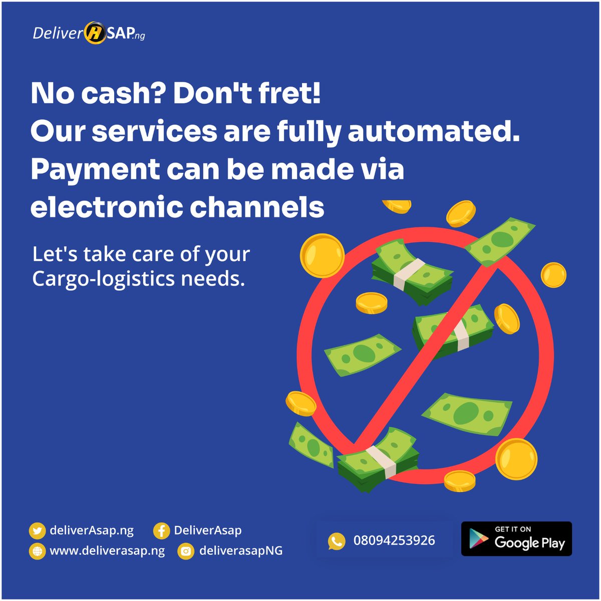 deliverasapng's tweet photo. You can make your payment of our services even as cash scarcity bites harder.

Worry less, transact more.

What then can we do for you today?
International payment services?
Cargo-logistics from suppliers to anywhere in Nigeria?
Distribution to customers across Nigeria? https://t.co/S1SdwaL4XF