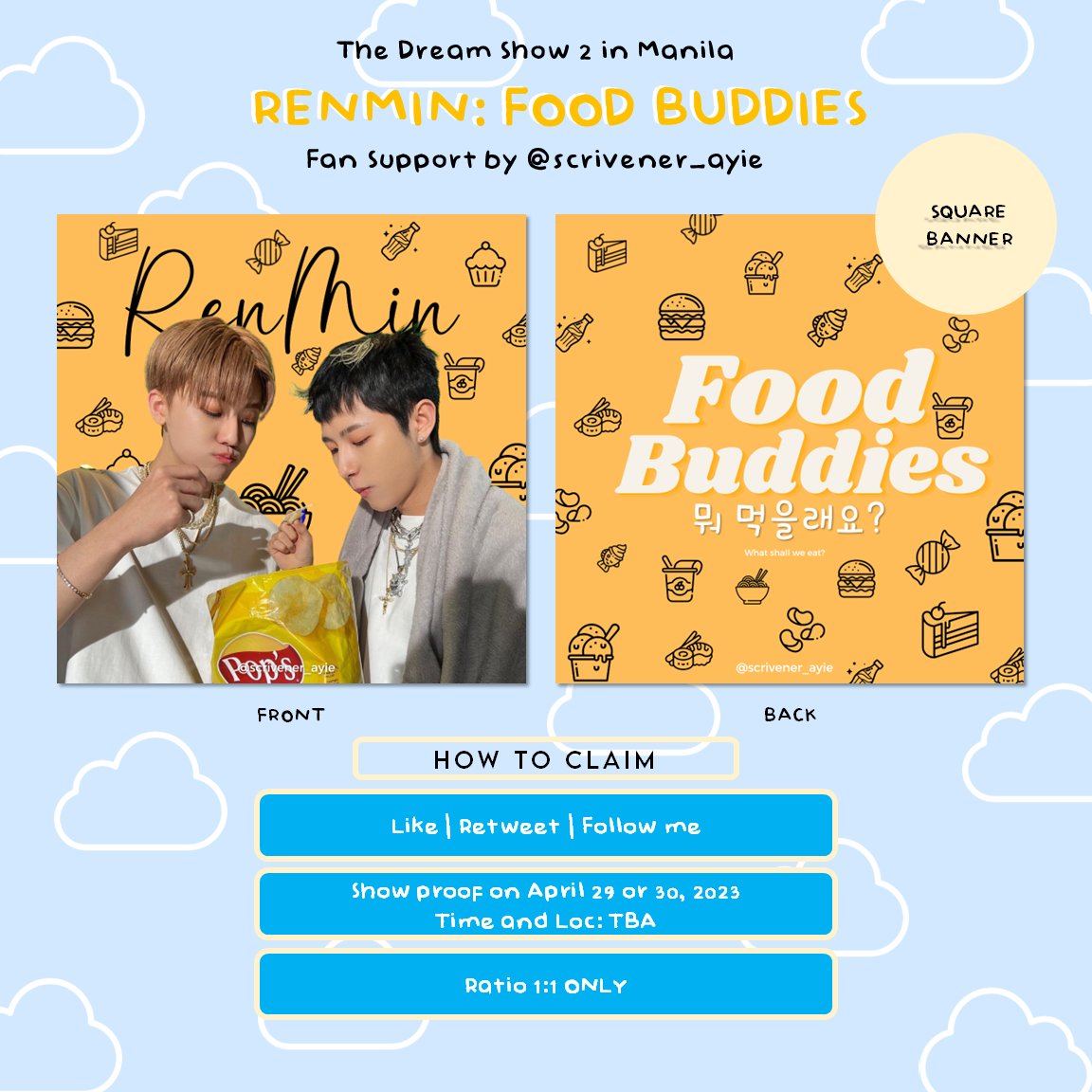 scrivener_ayie's tweet photo. ✧ Come hang out over good food with the Food Buddies! ✧

A #RenMin/ #JaemRen fan support by yours truly!

♡ Donations are welcome so I can have more produced
♡ Limited trades
DM me for both

❌ No reservations!

#NCTDreaminManila
#THEDREAMSHOW2_in_MANILA 
#TDS2inManila https://t.co/0TpPCkSvVN