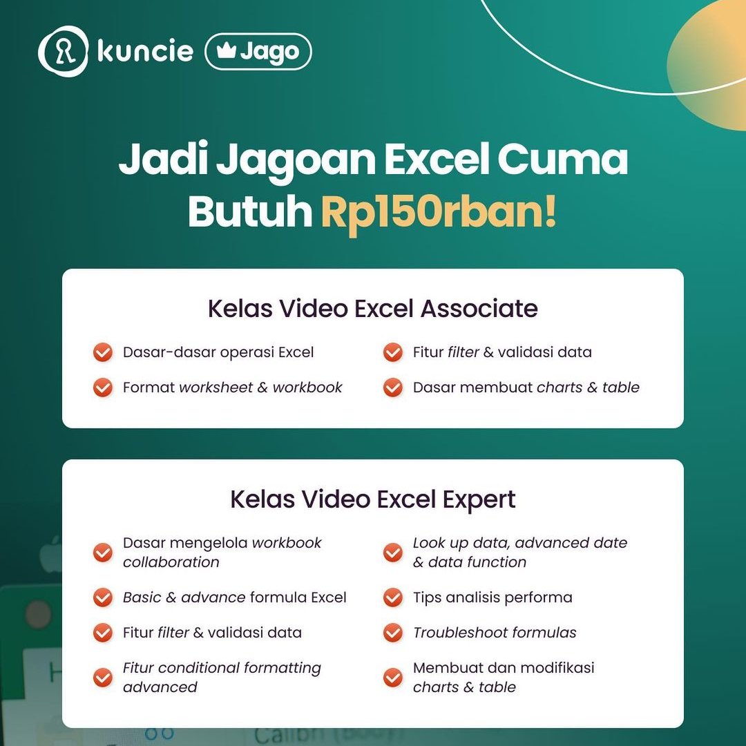 kuncie_id's tweet image. Kamu mau belajar ilmu Excel setara expert dg harga yg terjangkau?

Kelas Kuncie Jago Excel Associate &amp;amp; Excel Expert bakal bantu kamu menghadapi tuntutan dunia kerja!

Cek kelasnya sekarang 👉🏻 bit.ly/3YP3yGH

#KelasExcel #BelajarExcel #CourseExcel