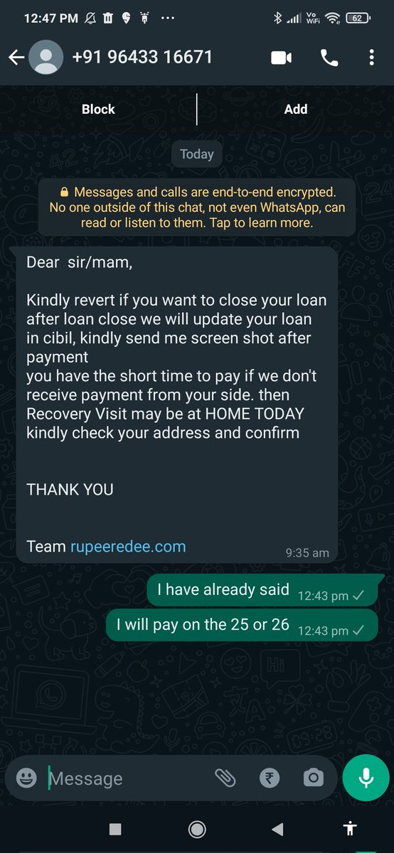 <a href="/PMOIndia/">PMO India</a> <a href="/RBI/">ReserveBankOfIndia</a> <a href="/Vedprak13632988/">Vedprakash Verma (Proud to be an Indian )</a> <a href="/RupeeRedee/">Rupee Redee</a> <a href="/RohitTuli84/">Adv. Rohit Tuli</a> <a href="/Jantaki_Aawaz/">जनता की आवाज़🕯️</a> <a href="/LCAI_Support/">Loan Consumers Association</a> <a href="/RMASindia/">RMAS Foundation #MIDDLE_CLASS (Mission 21K )</a> <a href="/nikkhhiljethwa/">Nikkhhil Jethwa</a> <a href="/Uppolice/">UP POLICE</a> <a href="/gurgaonpolice/">Gurugram Police</a> 
See this harrasment and dhamki by rupeeredee there agent threatening in this was rupeeredee ko band karo