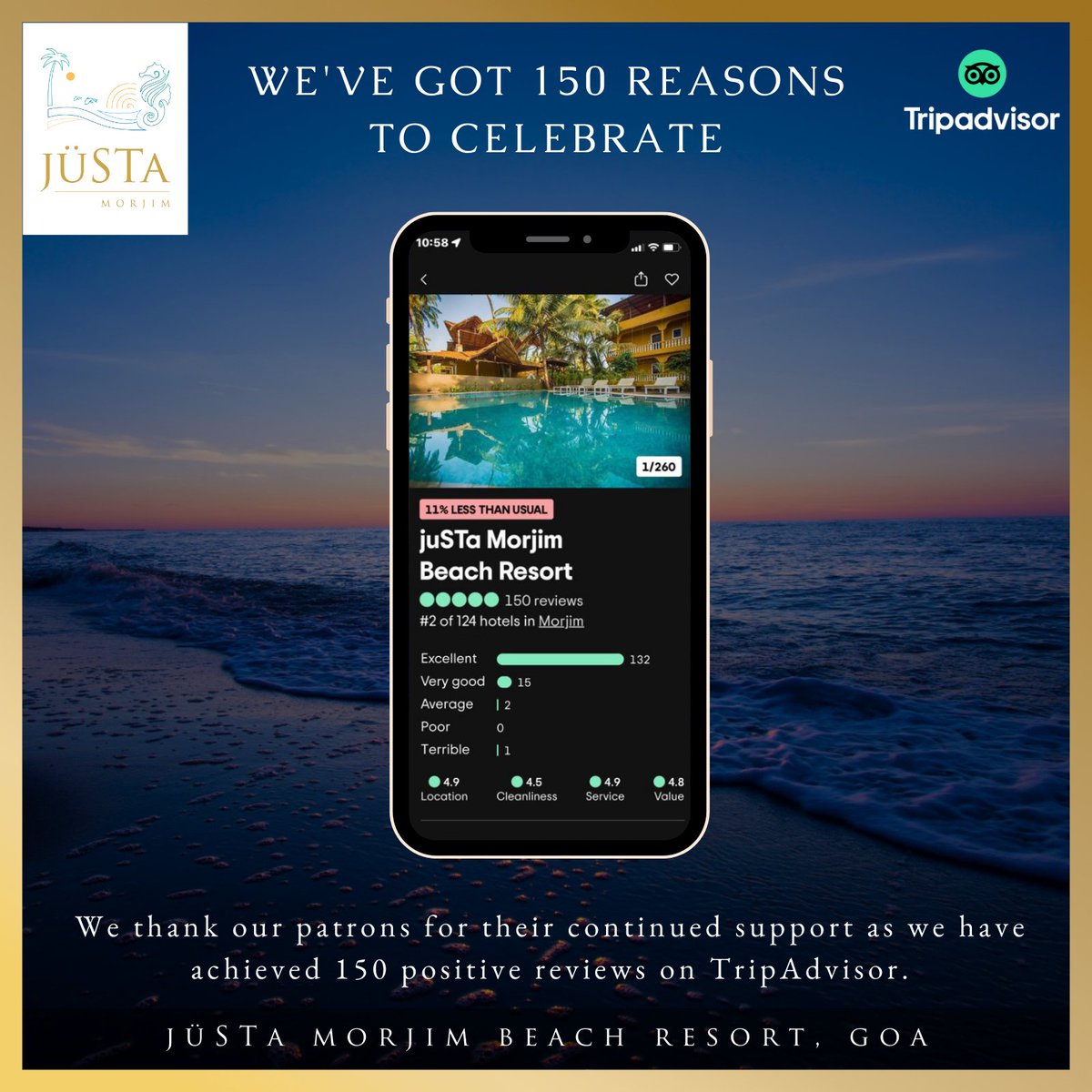 Justahotel's tweet image. From Happy Guests to Raving Reviews: jüSTa Morjim Beach Resort, Goa Hits 150 positive reviews on @Tripadvisor 

Call or WhatsApp: +91-9590-777-000 | Write to us at book@justahotels.com

#justahotels #justamorjim #morjimbeach #goa #offers #wireroom #newyear #goadiaries