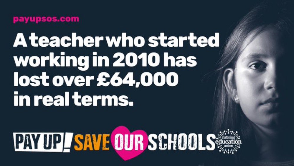 NEUnion's tweet photo. Remember that teachers who started in 2010 have lost enough money to put down a deposit on a house. Education is in crisis. #SaveOurSchools https://t.co/QXO5dWJDga