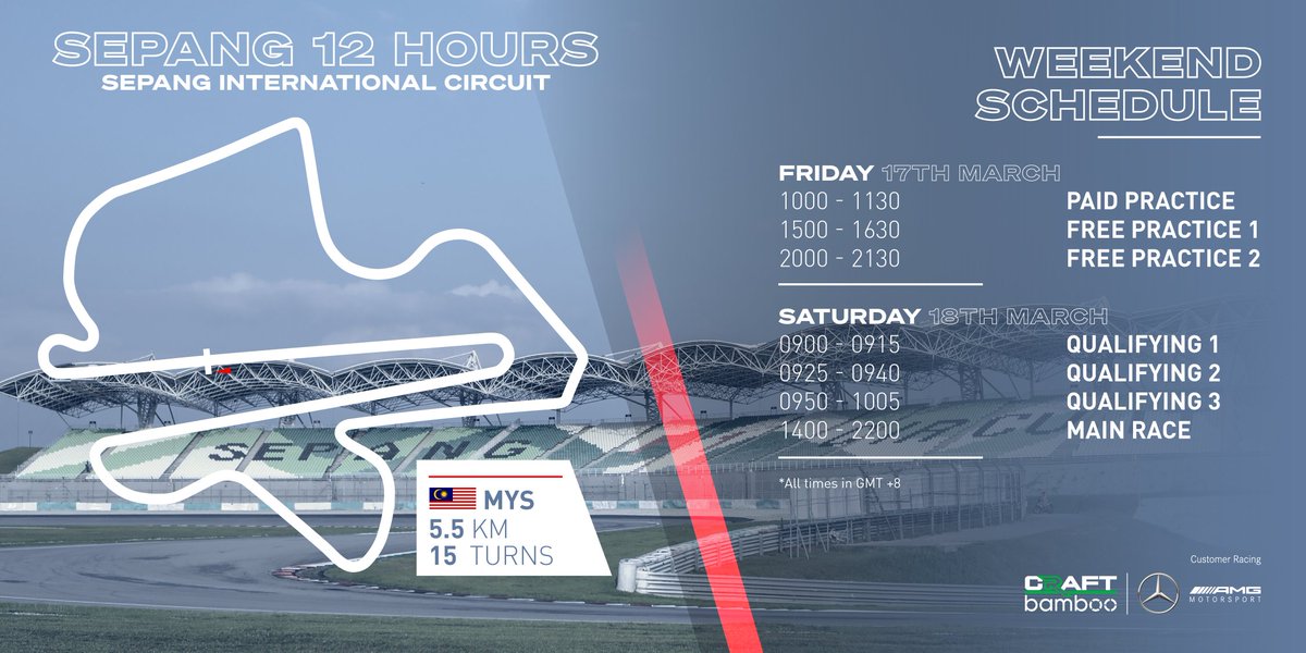 craftbamboo's tweet photo. The weekend is fast approaching and we got you covered 💪

Make sure to check out the schedule and mark your calendars 📆

#Sepang12Hours #CraftBamboo #MercedesAMG #MercedesAMGMotorsport #JFlyRacing #Motul #PoweredbyMotul #ThePizzaCompany #Jet8 #HongKongAsiaMedicalGroup #Gravity https://t.co/ZI9qbDpeXy