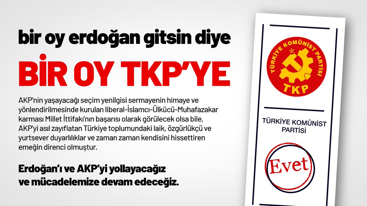 Kamuoyuna..

TKP seçim sürecinde AKP iktidarının yarattığı yıkım ve karanlığın boyutlarını, kaynağını ve neden sonlanması gerektiğini halka anlatacak ve AKP’nin seçimlerden yenilgiyle çıkması için elinden geleni yapacaktır.
#1oyErdoğanGitsinDiye1oyTKPye
⬇️
tkp.org.tr/aciklamalar/se…