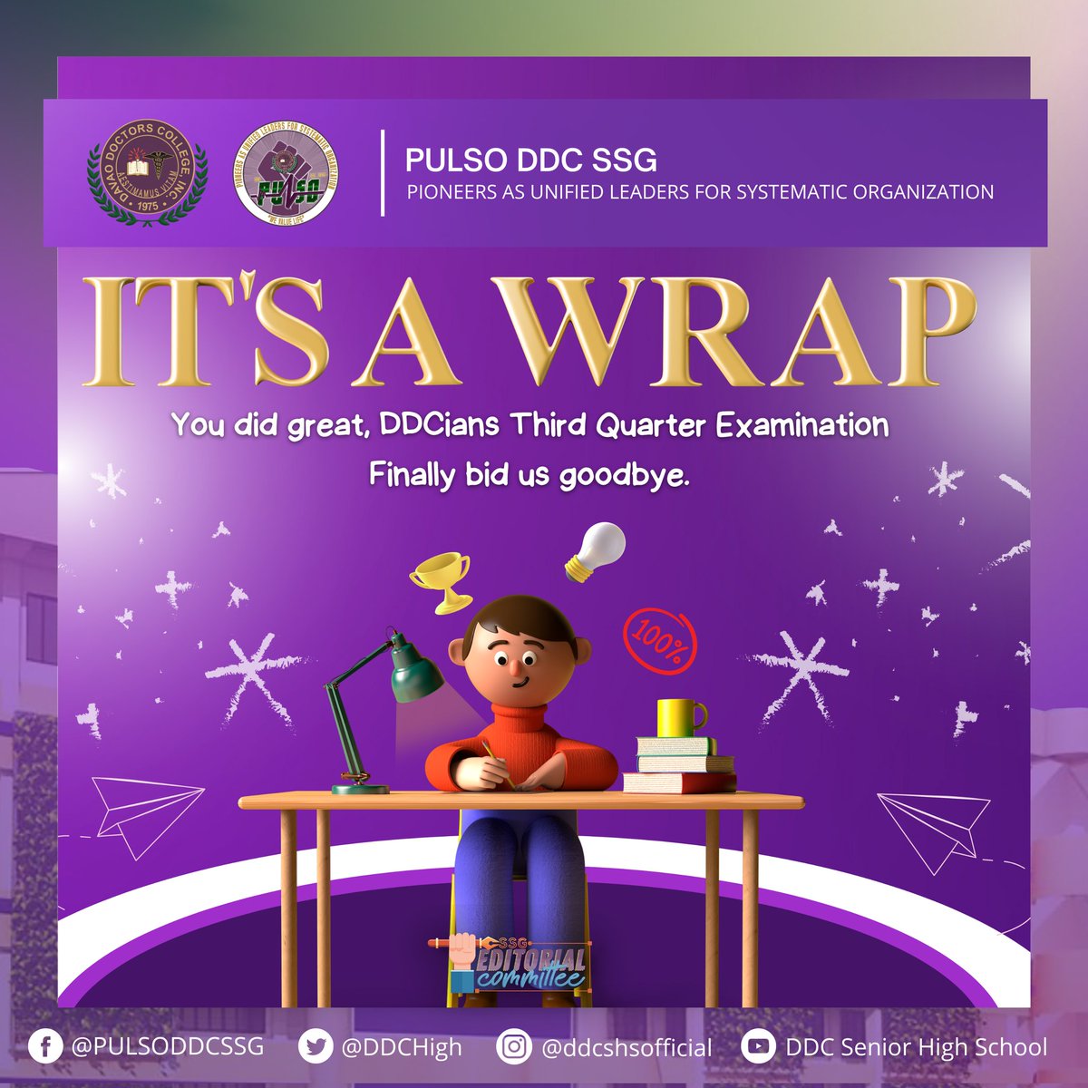 DDCHigh's tweet photo. IT'S A WRAP!

A big CONGRATULATIONS to everyone for accomplishing the 3rd Quarter Examination of this A.Y. 2022-2023. You have all proven yet again your dedication and compassion as students of this school that aims for excellence. 

Keep going you are closer than you think! https://t.co/PNjIIpIPAi
