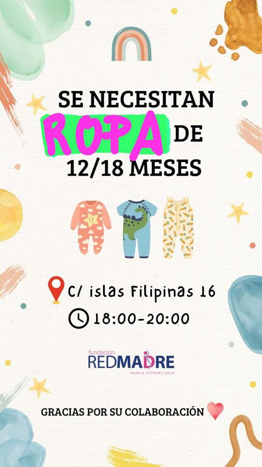 ¡Necesitamos vuestra ayuda! Por favor, colaborad en todo lo que podáis. Nuestras mamás y sus bebés os lo agradecen de corazón. 💚 

Ropa de 12/18 meses. Podéis entregarla en nuestra sede, en la C/ Islas Filipinas, 16. ¡Millones de gracias!