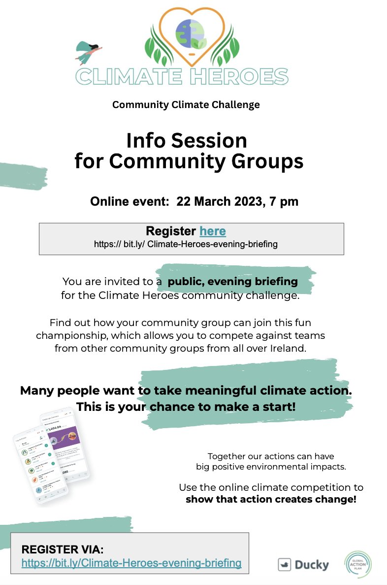 Join us for our free evening (or lunchtime) info sessions on how your #communitygroup can join the 'Climate Heroes' community challenge.

Register via globalactionplan.ie/take-action/ev…

#climateaction #community