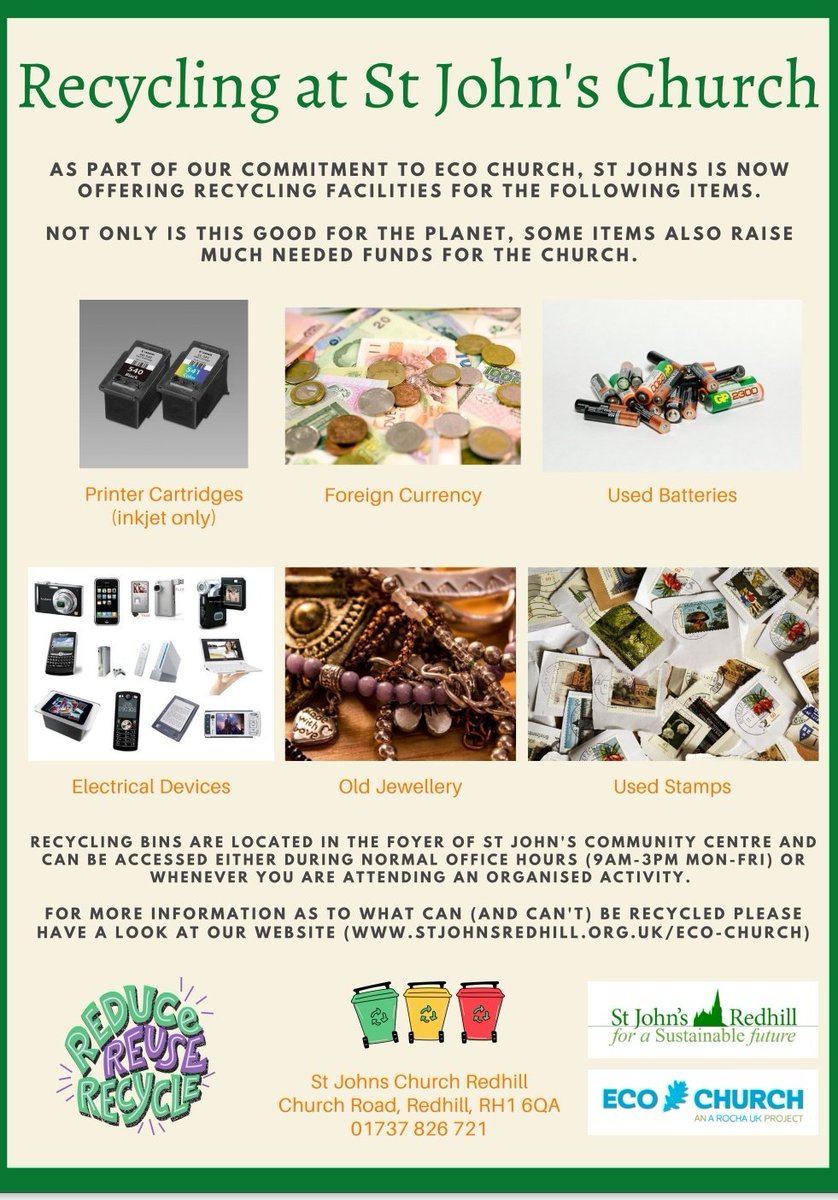 Got items to #recycle? Don't send them to landfill, bring them to the St John's Community Centre recycling point. 

We take batteries, ink cartridges, stamps, old jewelery & electronic devices and foreign currency.

Help save the planet & raise funds for the church. 

#ecochurch