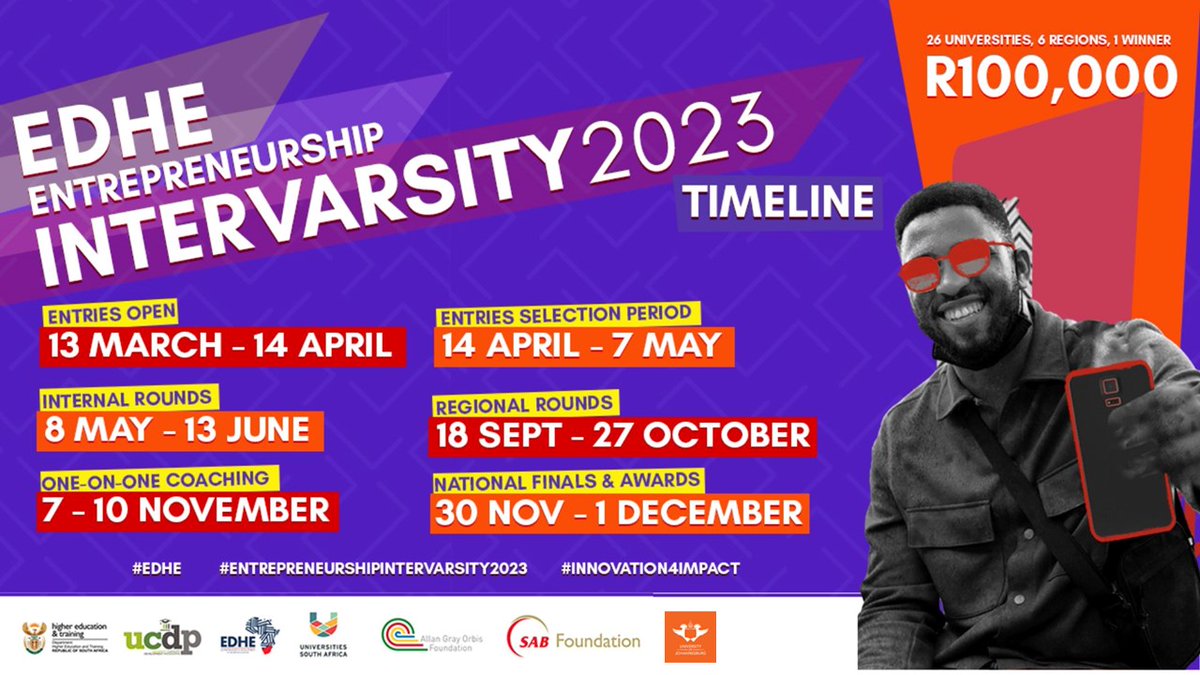 go2uj's tweet photo. Are you a student with a thriving business?
Enter the #EDHE #EntrepreneurshipIntervarsity2023 and stand a chance to win R100 000 and title of Studentpreneur of the Year!
Visit: https://t.co/PeQrxo7UOo for more information.
#UJTTO #EDHE #EntrepreneurshipIntervarsity2023 https://t.co/I75wp9BD4Q