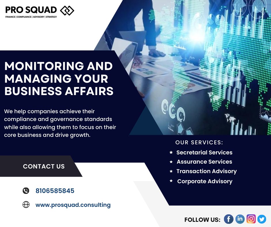 From initial licenses to accounting system management, we help our clients at every stage of their business. 
 #business #secretarialservices #assuranceservices #transactionadvisors #corporateservices  #prosquadconsulting