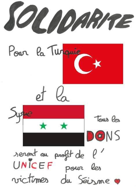 Le 6 février 2023 un séisme a frappé le Sud-Est de la Turquie et le Nord de la Syrie.
Les sommes ainsi récoltées seront intégralement reversées par le FSE à l’UNICEF. SOLIDARITÉ AU collège.
.