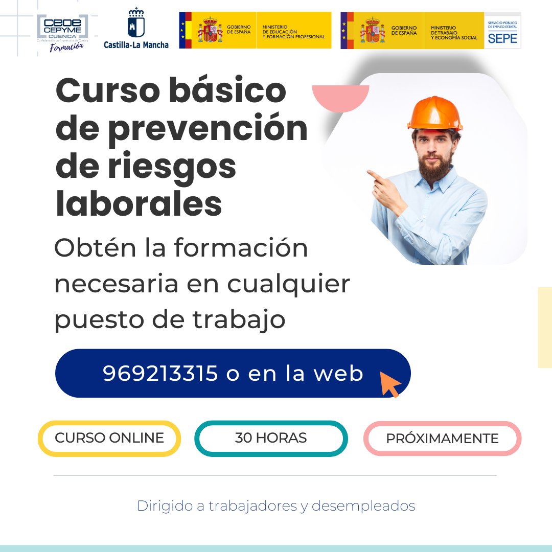 Curso 100% online y gratuito de 👷 𝐏𝐑𝐄𝐕𝐄𝐍𝐂𝐈Ó𝐍 𝐃𝐄 𝐑𝐈𝐄𝐒𝐆𝐎𝐒 𝐋𝐀𝐁𝐎𝐑𝐀𝐋𝐄𝐒 𝐁Á𝐒𝐈𝐂𝐎. ¡Pocas plazas disponibles! Solicita la tuya en el 969213315 o en la web: bit.ly/425jXts