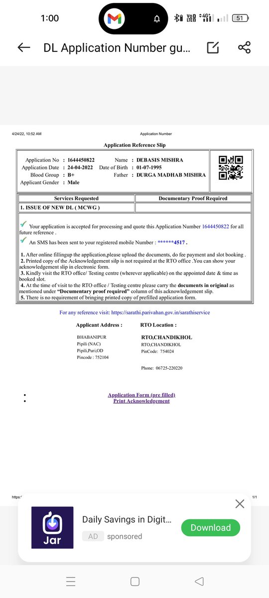 debasis9040's tweet photo. Name-Debasis Mishra
Application no.-1644450822
I am not able to download my DL and also not given my DL till now.When ever I am trying to contact that number is not working. send my DL ASAP or contact me.thank you@chandikholerto https://t.co/RaC1F41CzR