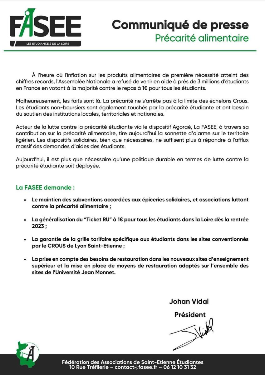 🟩 #PrecariteAlimentaire

Les associations et épiceries solidaires ne sont plus en mesure de gérer l’afflux d’étudiants en situation de précarité alimentaire ❗️

📢 La FASEE appelle les acteurs territoriaux à se saisir de cette problématique et d’y répondre efficacement 

⬇️⬇️⬇️