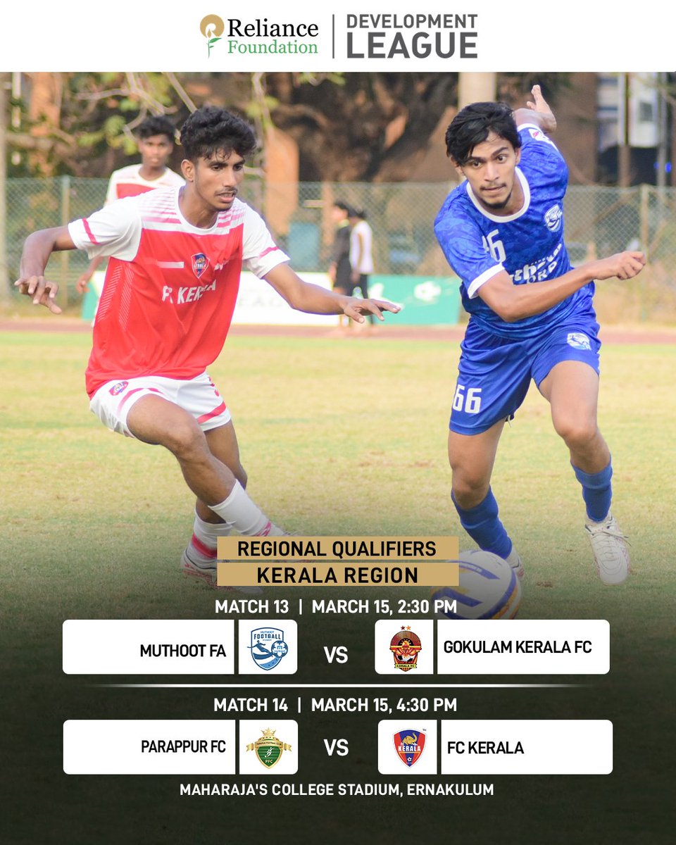 RFYouthSports's tweet photo. In-form #MuthootFA 🆚 @GokulamKeralaFC followed by #ParappurFC 🆚 #FCKerala - 2️⃣ exhilarating clashes are lined up for today ⚔️

Which teams will race ahead with crucial wins? 💭

@ril_foundation | #RelianceFoundationDevelopmentLeague #RFDL #RFSports #LetsPlay #MFAGKFC #PFCFCK https://t.co/TDeBpvyUf5