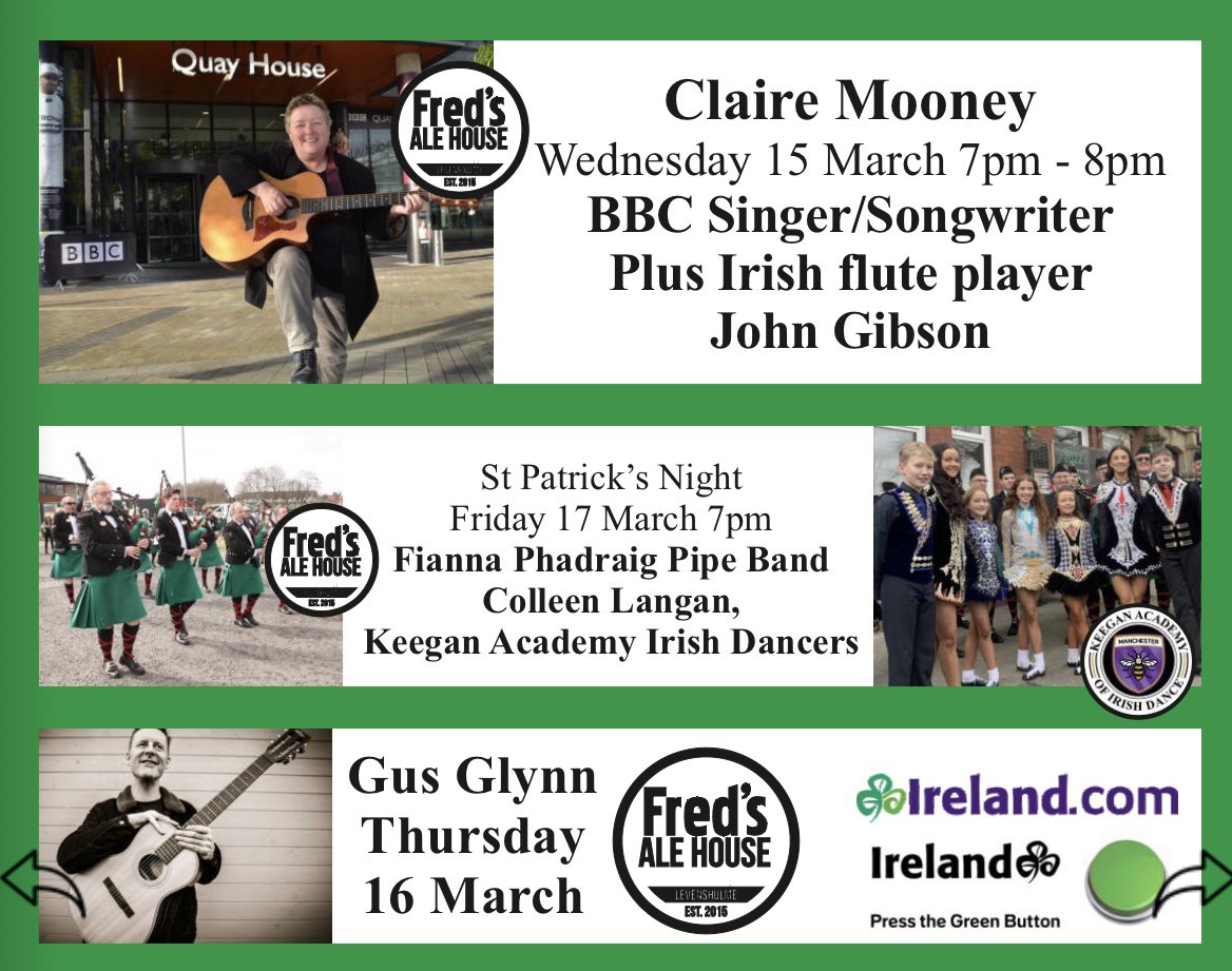 mancirishfest's tweet image. Get ready to #pressthegreenbutton at these #Free events during #stpatricksweek☘️ thanks to Tourism Ireland 2023 #manchesteririshfestival with @KeeganAcademy1 #IrishDance @FiannaPhadraig #irishpipeband @ColleenLanigan @GusGlynnMusic @MooneyInfo #TheMcGuireFamily #IrishMusic