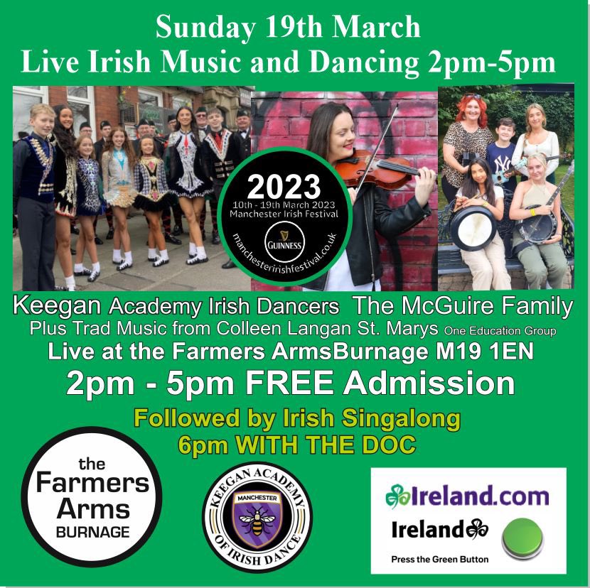 mancirishfest's tweet image. Get ready to #pressthegreenbutton at these #Free events during #stpatricksweek☘️ thanks to Tourism Ireland 2023 #manchesteririshfestival with @KeeganAcademy1 #IrishDance @FiannaPhadraig #irishpipeband @ColleenLanigan @GusGlynnMusic @MooneyInfo #TheMcGuireFamily #IrishMusic
