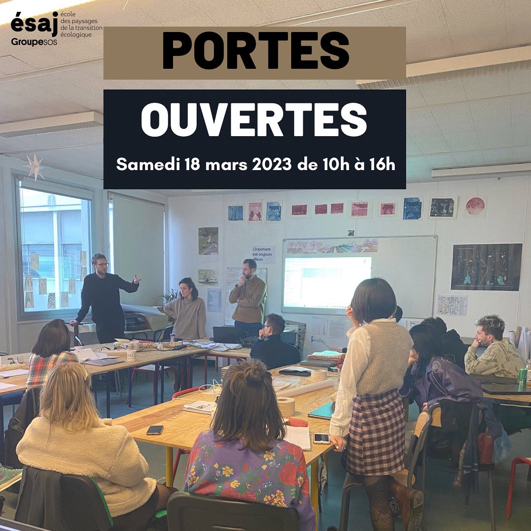 PORTES OUVERTES 
Samedi 18 mars 2023 de 10h à 16h.
L' ésaj ouvre ses portes aux futurs étudiants et à leurs parents, pour découvrir les atouts et les spécificités de l'école.
Inscriptions : eventbrite.com/e/billets-jour…🌿
#jpo #portesouvertes #parcoursup2023 #esaj #paysagiste