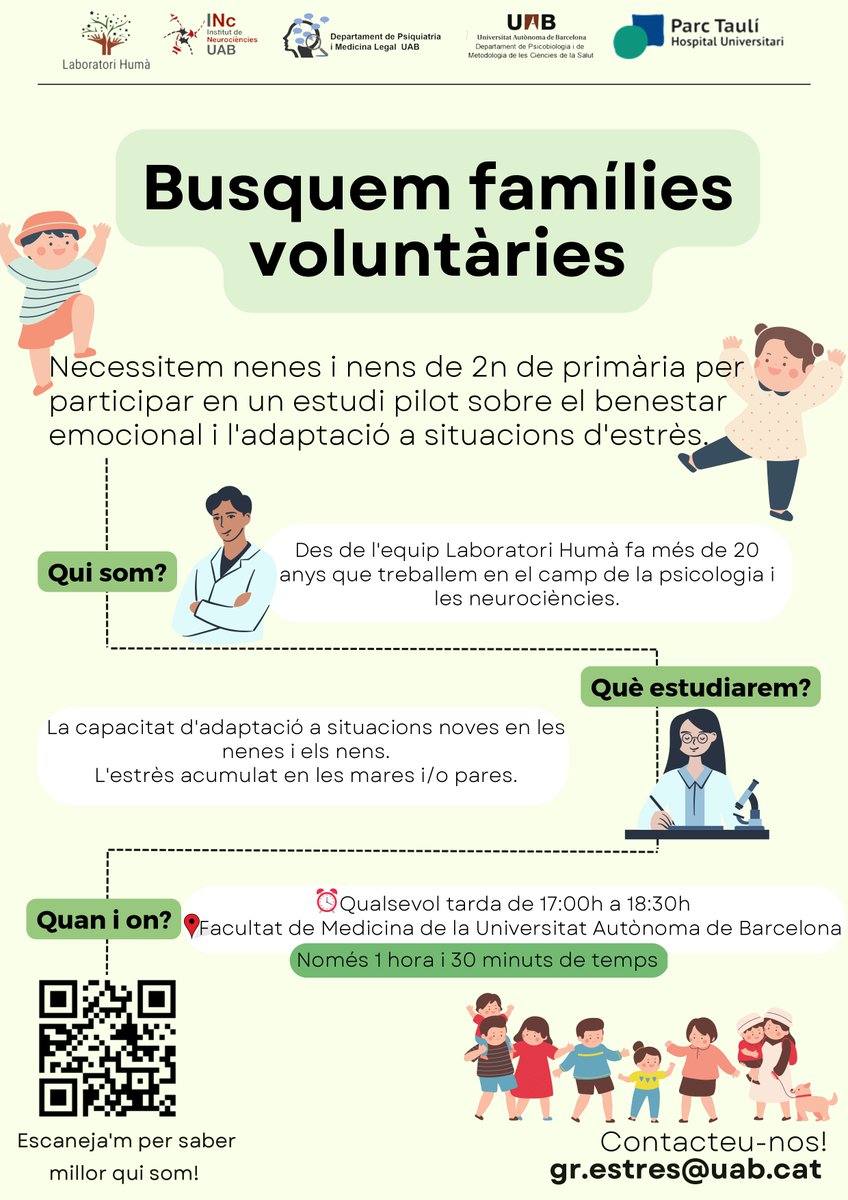 ✳️Cerquem #famílies voluntàries amb infants a Segon de #Primària per un estudi pilot sobre #benestaremocional i #estrès

Interessades contactar: gr.estres@uab.cat

✅hi ha compensació pel temps