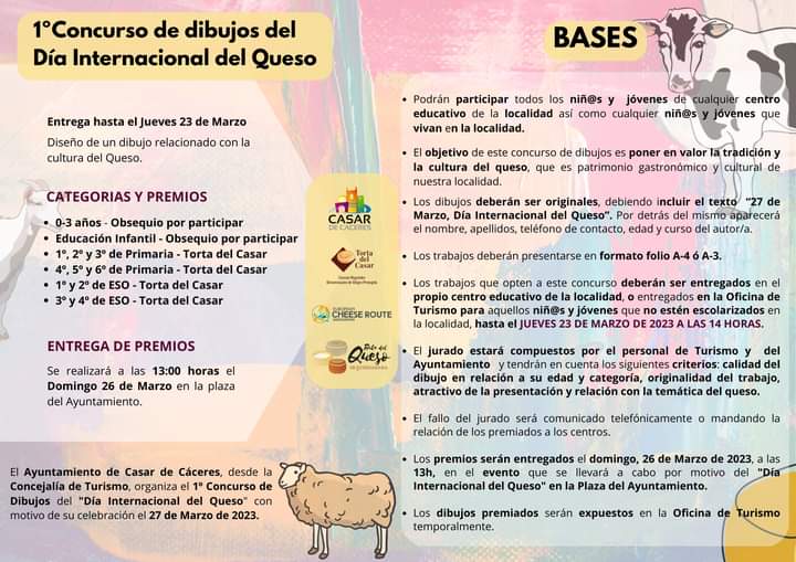 aytocasar's tweet image. El Ayuntamiento de Casar de Cáceres, desde la Concejalía de Turismo, organiza el I Concurso de Dibujos del "Día Internacional del Queso" 🧀🐑 con motivo de su celebración el 27 de marzo de 2023.

+ Info en Bases 

#DiadelQueso 
#TortadelCasar 
#Concurso
#Turismo
#CasardeCaceres