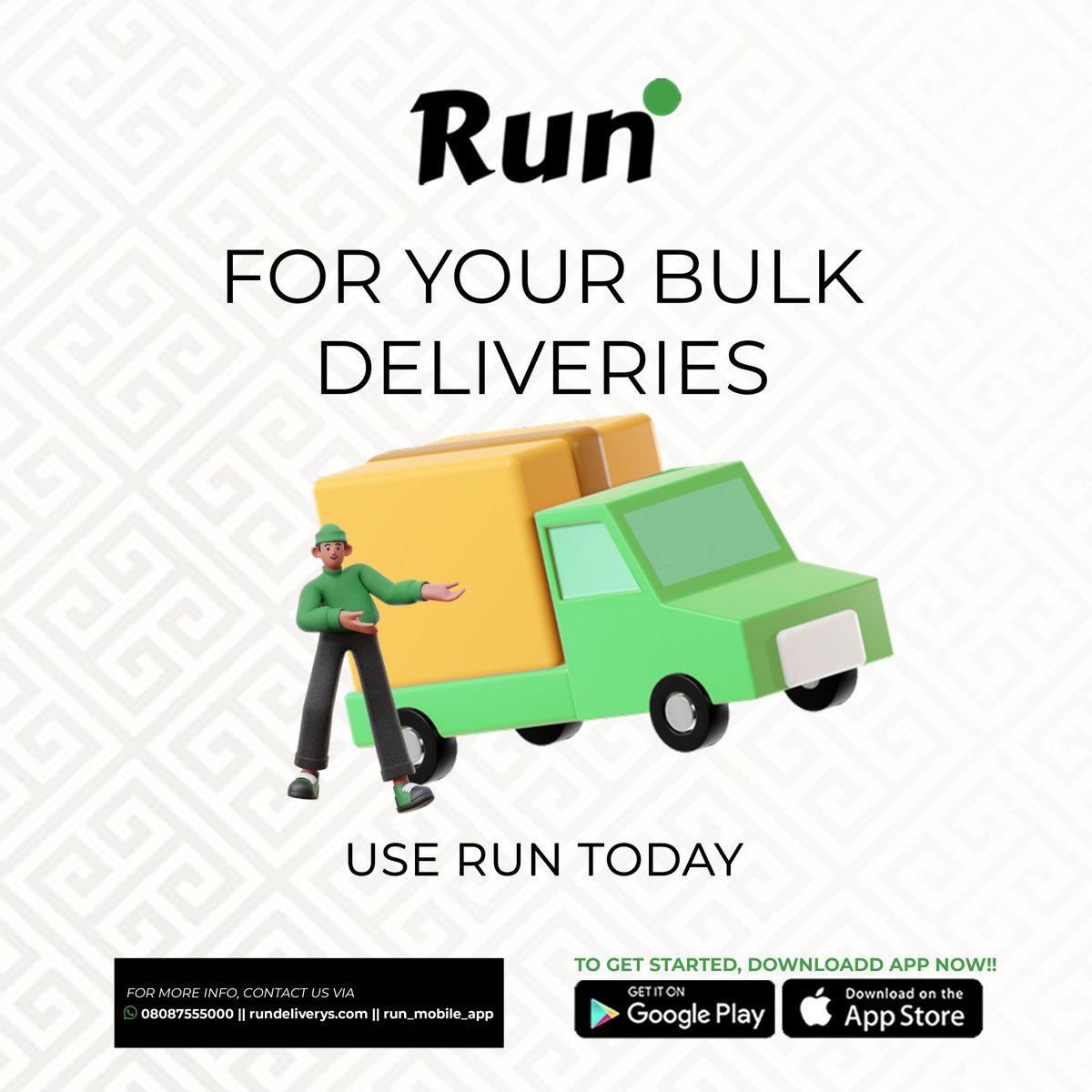 Use Run for your bulk deliveries
We are here for you!!!
To get started download the Run hailing App from Appstore or Playstore.
We can also be reached via
Phone call ✅ Social media DM ✅ WhatsApp ✅ Email ✅
#logisticsmanagement #logisticsinlagos #deliverwithease  #lagosbusiness