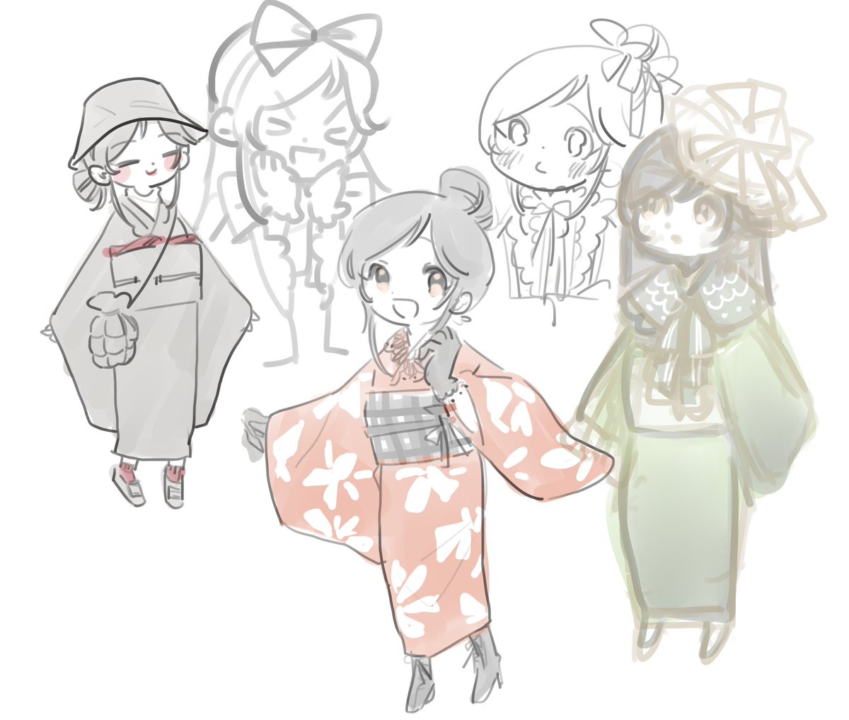 japanese clothes kimono obi sash gloves smile hair bun  illustration images