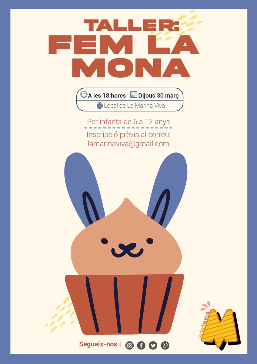 🐣🍫 Ens preparem per a les festes de Pasqua! En aquesta edició farem una mona molt dolça. Taller per infants de 6 a 12 anys. Dijous 30 de març a les 18 hores al local de La Marina Viva.. Inscripció a: lamarinaviva@gmail.com