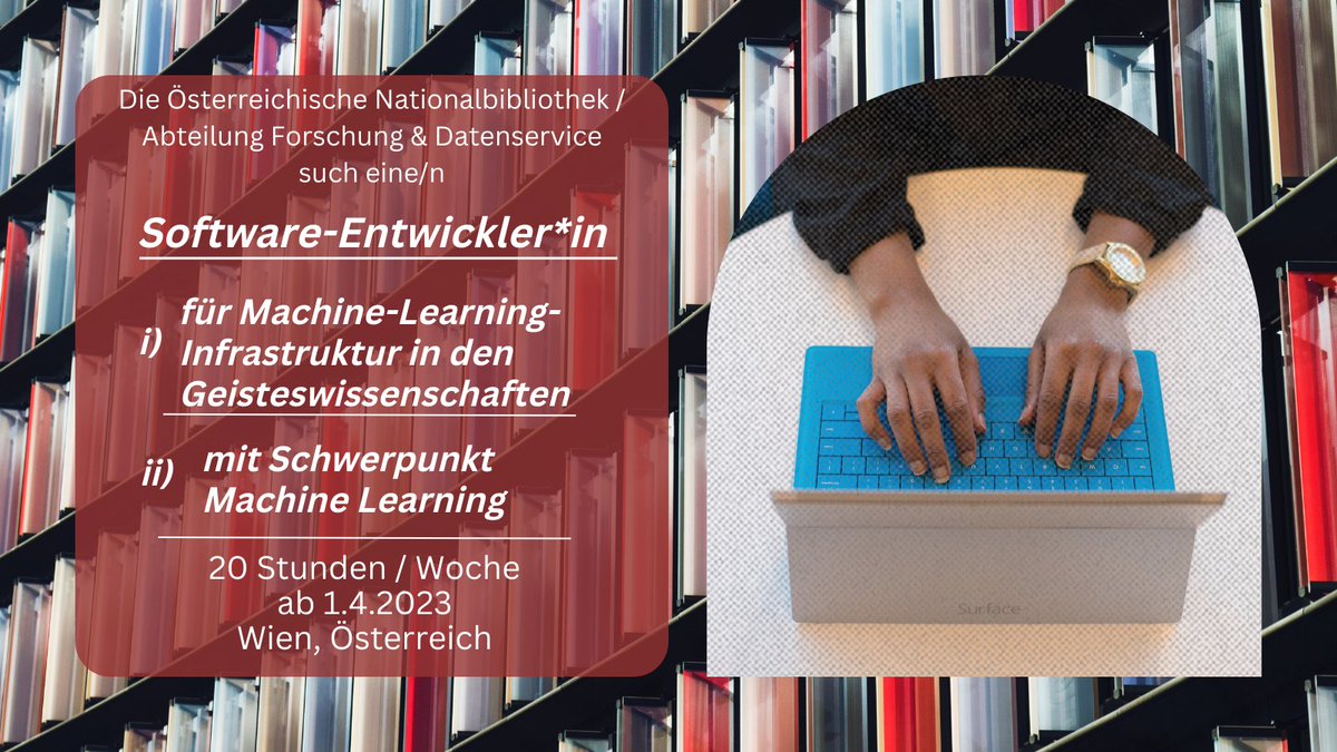 🔔 Stellenangebot
Die <a href="/ONB_RD/">ONB  R&D</a> sucht eine/n Software-Entwickler*in
i) für Machine-Learning-Infrastruktur in den #DigitalHumanities &amp;
ii) mit Schwerpunkt #MachineLearning
20h/Woche, ab 1.4.2023
👉 bit.ly/ONBsoftware-en…