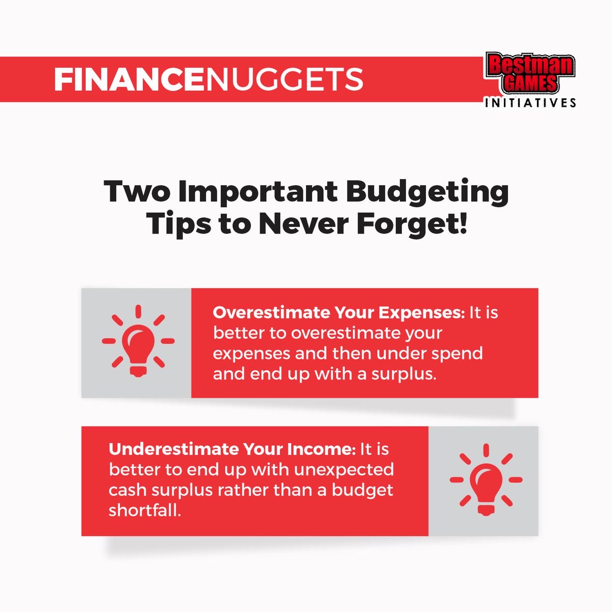 BGIfinanceclub's tweet photo. When it comes to budgeting, there are two key components to consider: income and expenses. 

While it may seem counterintuitive, overestimating your expenses and underestimating your income can actually be a smart strategy for managing your finances.

#bestmangames #budgeting https://t.co/sQMFVBRNGd