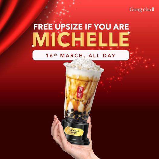 klasiksms's tweet photo. Is your name Michelle? Gong cha will UPSIZE YOUR DRINK FOR FREE after Michelle Yeoh’s Oscar big win this THURSDAY!!!!!! https://t.co/ncv1LPDY5G