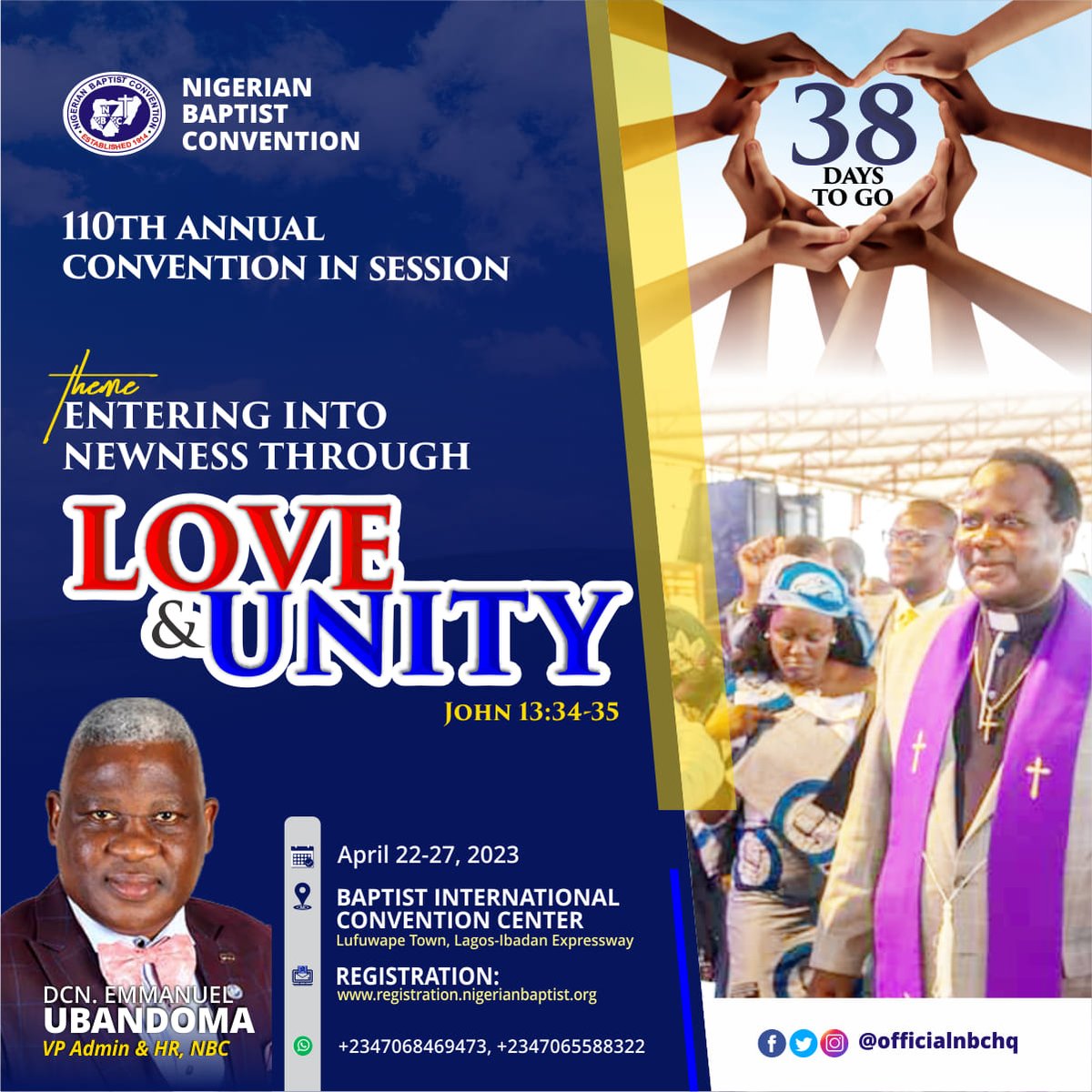 OfficialNBCHQ's tweet photo. GLORIOUS.
Baptist Family,
As we anticipate another refreshing time of Togetherness during the forthcoming 110th Annual Session of the Nigerian Baptist Convention, we request that you spread the news of the Newness that God is doing. https://t.co/WVxI36hOIK