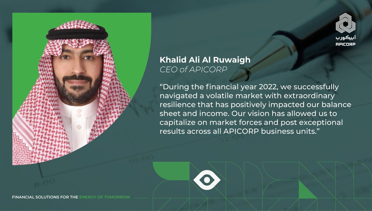 ArabEnergyFund's tweet photo. Khalid Al-Ruwaigh, CEO of APICORP, comments on #APICORP's strong financial results for 2022 while highlighting the strength of its practical, strategic approach and innovative financial solutions for a balanced energy transition in the Arab region. https://t.co/2WEiuUqdu5