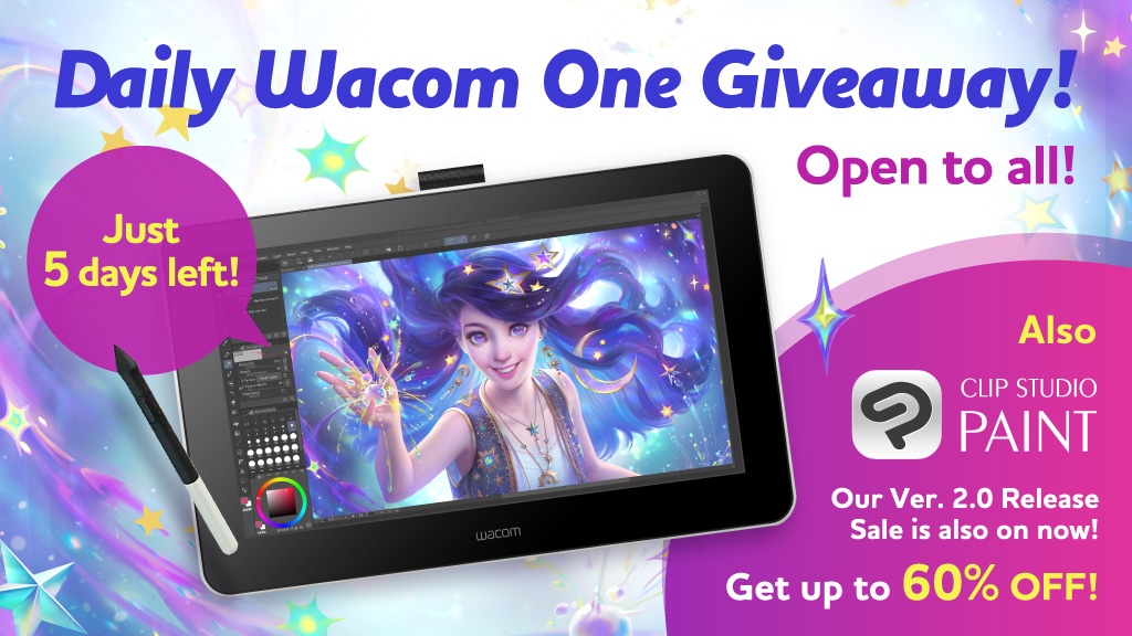 One person will win a Wacom One every day! Just follow & RT this to enter. Today is Day 2! 5 more chances! A sale is on to celebrate CSP's first major ver. update, Ver. 2.0, with new features! Ends 8am, March 20 (UTC)! Details: clipstudio.net/promotion/give…