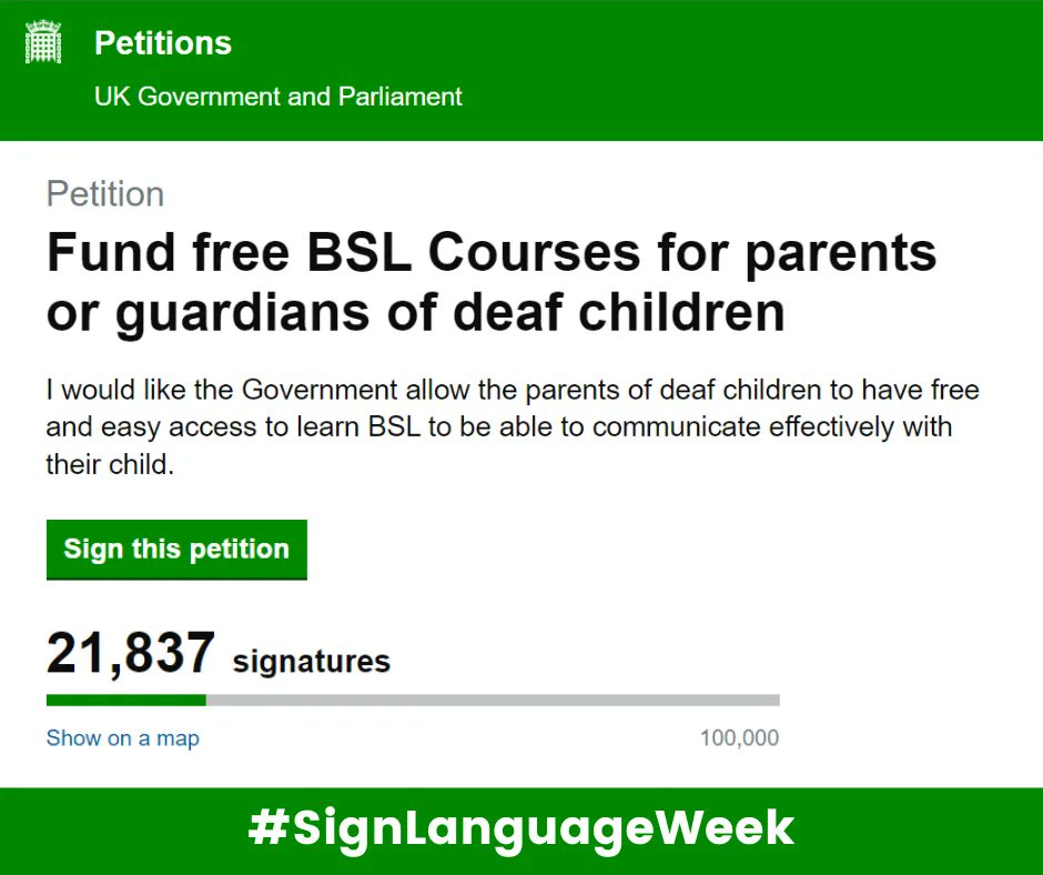 Help support Katie Littlejohns campaign for free BSL classes for parents and carers of Deaf children.

The deadline is the 3rd April 2023, so please sign the Petition today buff.ly/3ZRGW9r
 
#BSLAct  #ProtectBSL #SignLanguageWeek #SLWeek2023