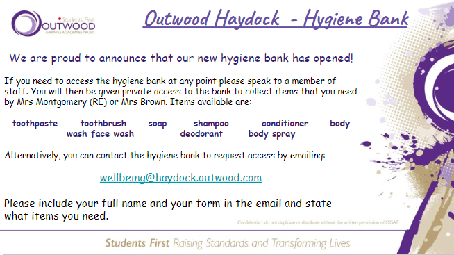 We are proud to announce the launch of our #HygieneBank. With a range of items kindly donated and available for all students from toothpaste to body spray! Speak to a member of staff or email for access! 💜 #teamhaydock #outwoodfamily