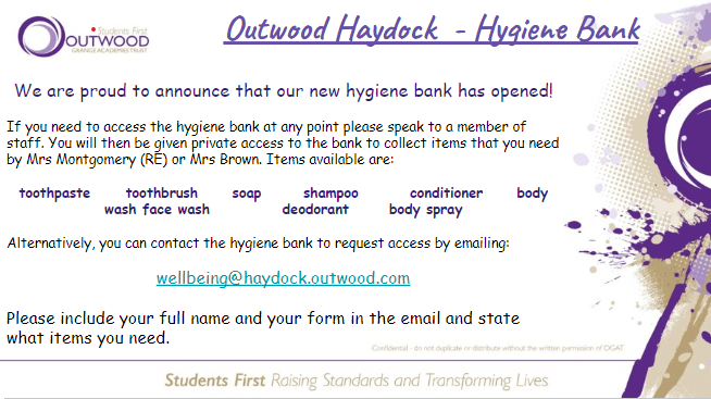 OutwoodHaydock's tweet photo. We are proud to announce the launch of our #HygieneBank. With a range of items kindly donated and available for all students from toothpaste to body spray! Speak to a member of staff or email for access! 💜 #teamhaydock #outwoodfamily https://t.co/y0S7qDK6zR