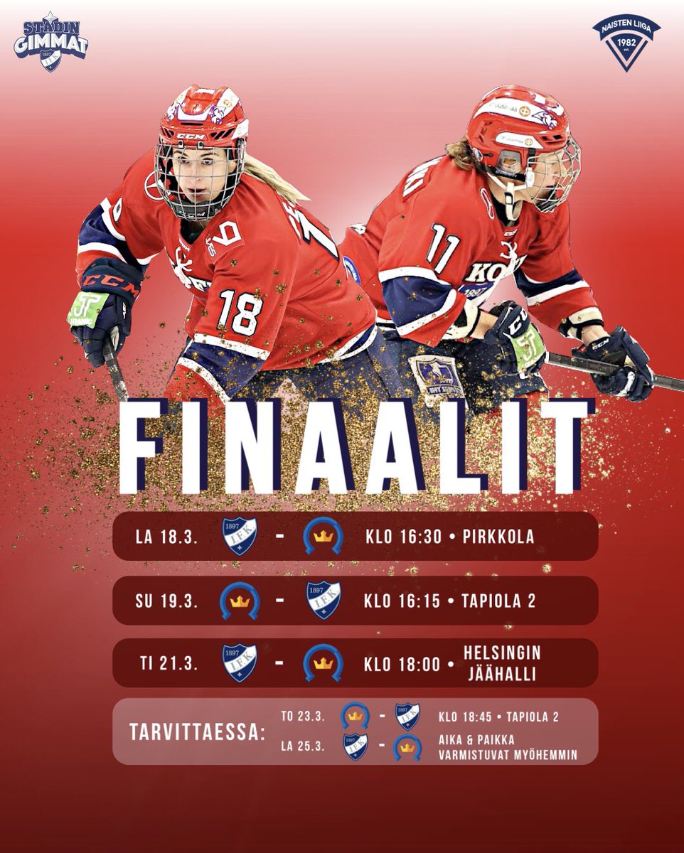 Lauantaina Pirkkolassa starttaa Naisten Liigan tulikuumat paikallisfinaalit! 🔥

Liput ennakkoon ➡️ ticketmaster.fi/artist/stadin-… 

#hifk #stadingimmat #hifknaiset #röda #stadinkevät #naistenliiga