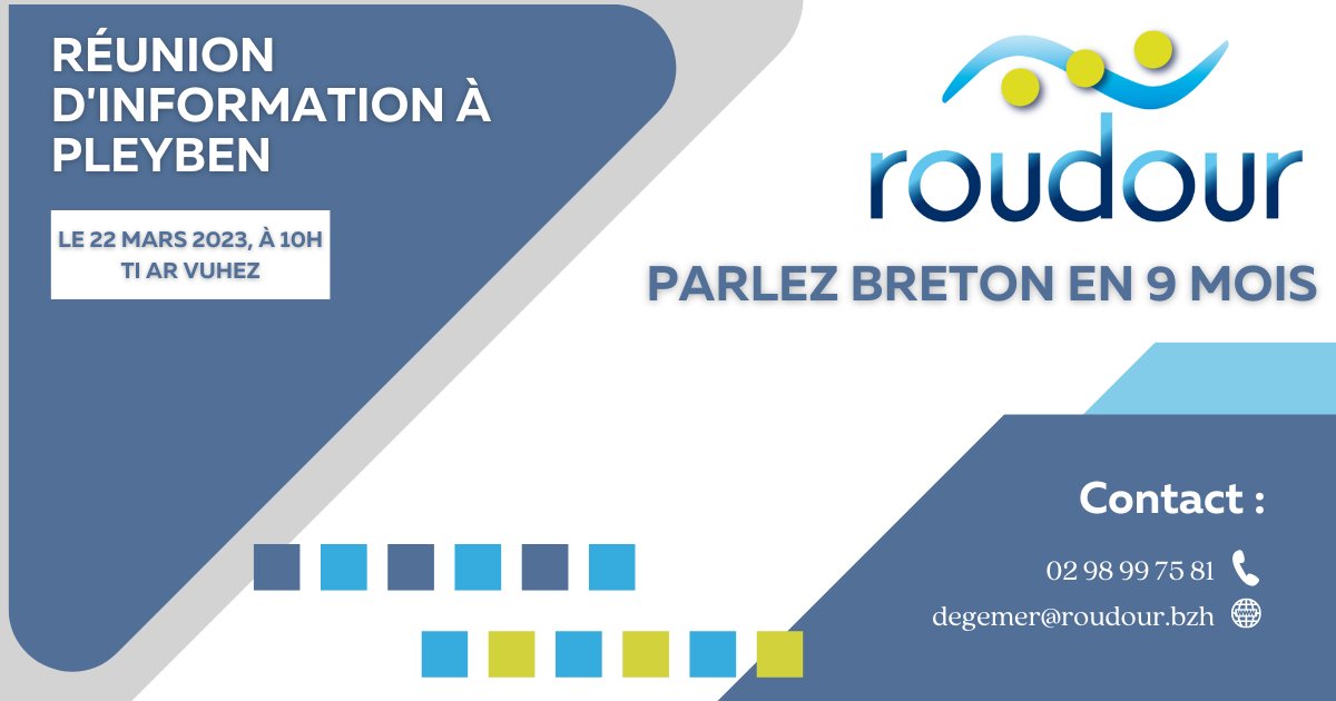 Roudour's tweet photo. Vous aimeriez suivre une formation complète de langue bretonne ?
Rencontrez-nous lors de notre réunion d'information à Pleyben, le 22 Mars 2023, à Ti Ar Vuhez.
Inscription nécessaire : https://t.co/r46Svw45Kw

#formation #brezhoneg #breton #Bretagne https://t.co/oSQUyrrzzQ