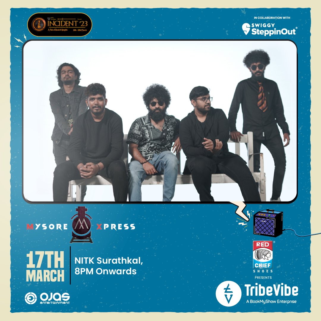 TribeVibeLive's tweet photo. @Red_Chieftians presents #TribeVibe Pro Nights in collaboration with @SteppinOutIndia

Get ready for a vibrant evening with the indie pop-rock band #MysoreXpress at @surathkal_nitk's @incident_nitk fest on 17th March, 8 pm onwards 

@Ojasonthego

@shovenshah
#redchief https://t.co/t7zy1HKsFb