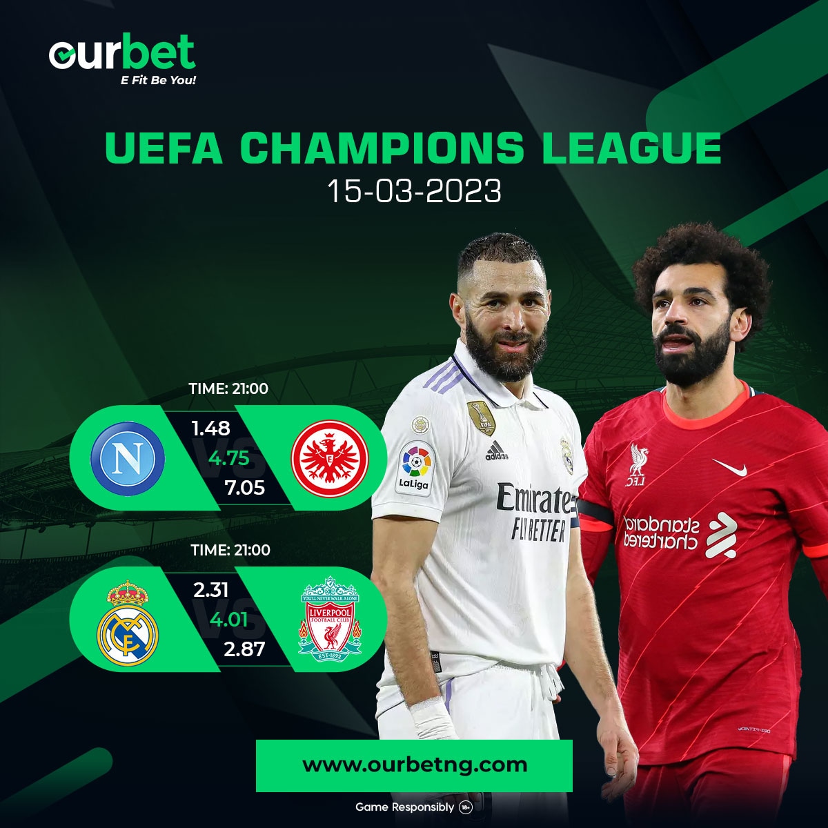 The UCL continues tonight with two big games. 

Visit ourbetng.com to place your bet.

#ucl #liverpool #realmadrid #napoli #football