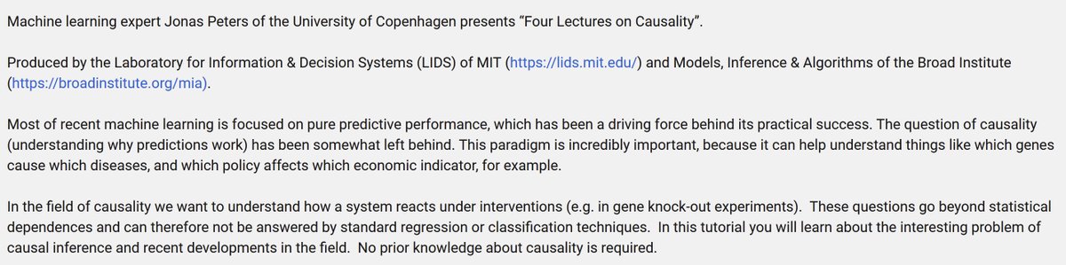 CavaliereGiu's tweet photo. Hi #EconTwitter! 

Looking for a bite-sized video course on 𝐜𝐚𝐮𝐬𝐚𝐥𝐢𝐭𝐲 and 𝐜𝐚𝐮𝐬𝐚𝐥 𝐢𝐧𝐟𝐞𝐫𝐞𝐧𝐜𝐞, cooked in statistics style? 

Check out these "𝐅𝐨𝐮𝐫 𝐋𝐞𝐜𝐭𝐮𝐫𝐞𝐬 𝐨𝐧 𝐂𝐚𝐮𝐬𝐚𝐥𝐢𝐭𝐲" by stat Prof Jonas Peters (@UCPH_Research).

Highly recommended! https://t.co/ueQL9Uh1Kz