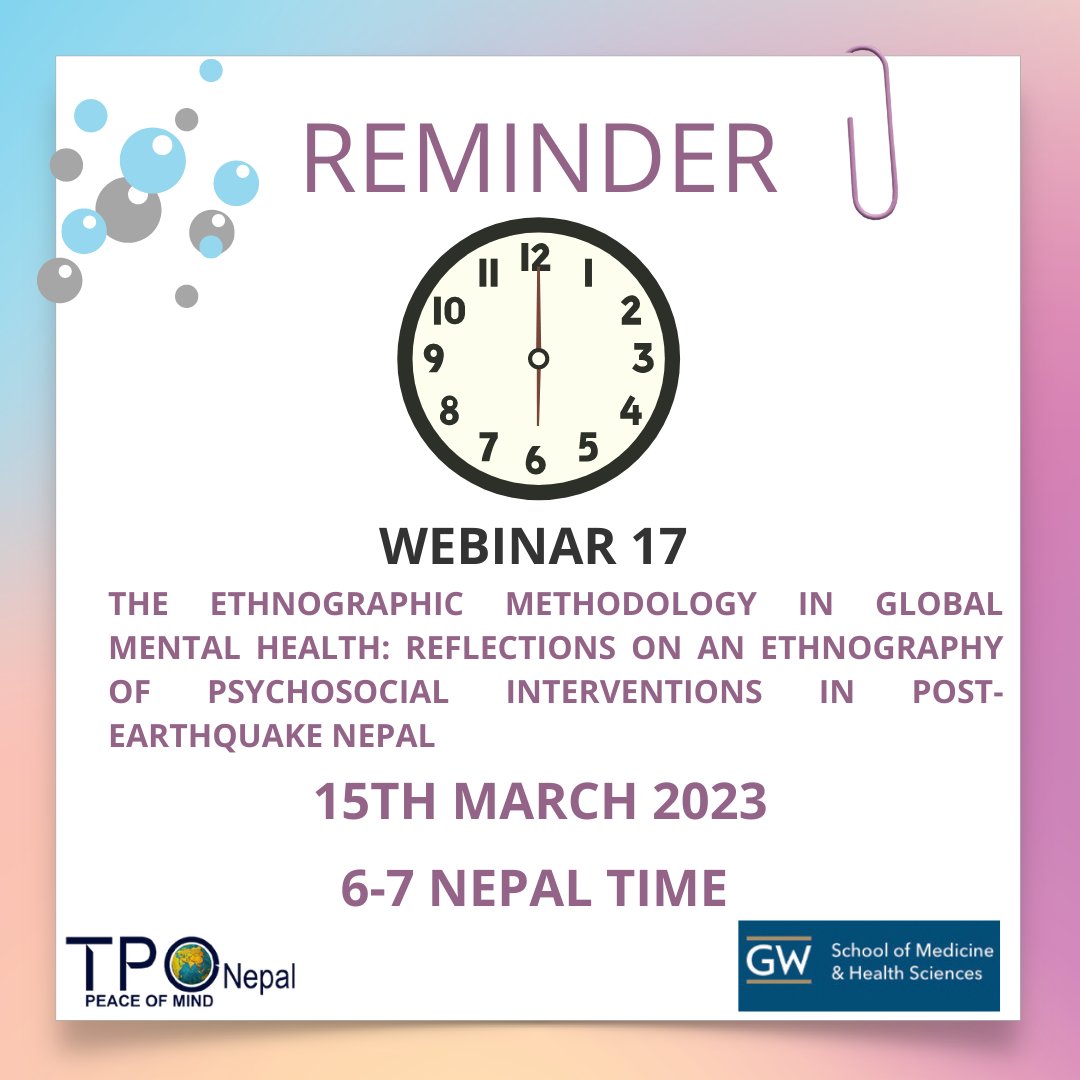 3 hours to go for our 17th #webinar! 
'The #EthnographicMethodology in #GlobalMentalHealth: Reflections on an Ethnography of #PsychosocialInterventions in #PostEarthquakeNepal'.
📆3/15/2023
⏲️6 PM to 7 PM Nepal time
Please register here: 
docs.google.com/forms/d/e/1FAI…