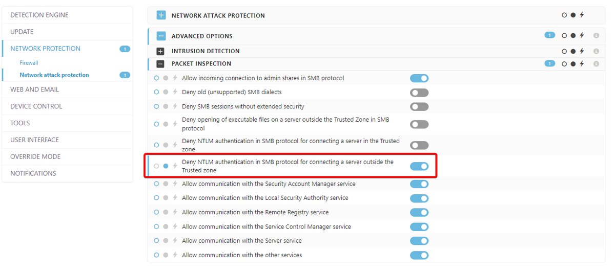 donnymaasland's tweet photo. If you're running @ESET you can mitigate against CVE-2023-23397 by configuring your trusted zone and enabling "Deny NTLM authentication in SMB protocol for connecting a server outside the Trusted zone":

https://t.co/w5r2fDiqR6

Also check out the other settings while you're there, some are pretty neat.
