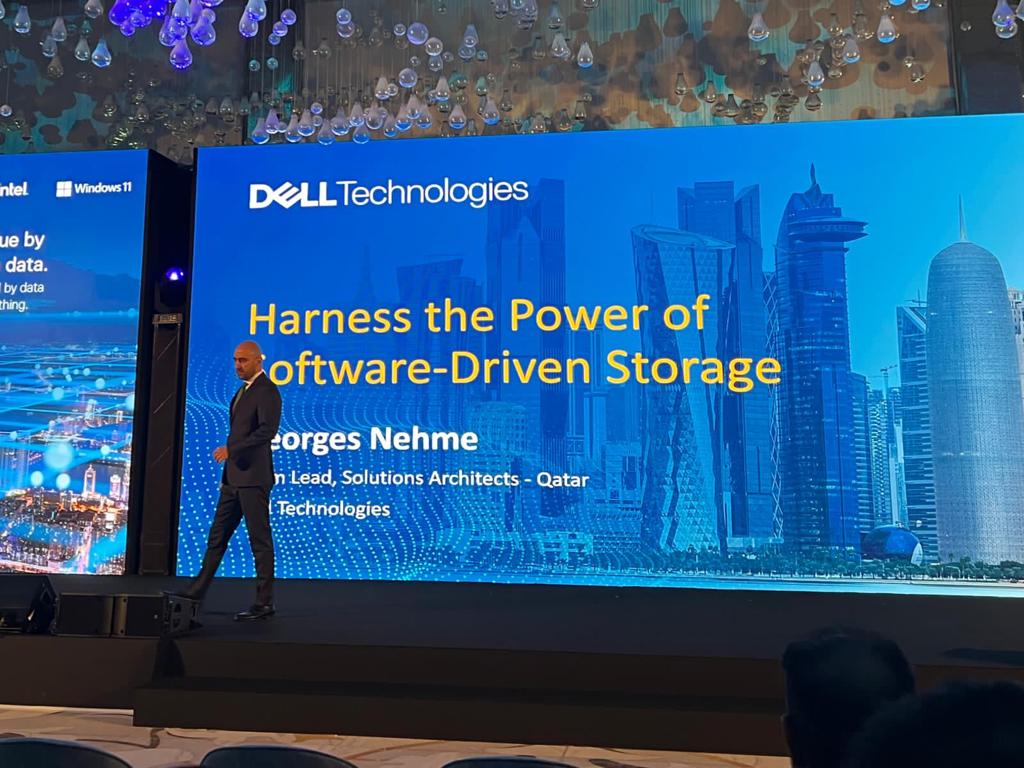 MarcoVespa's tweet photo. #DellTech's Qatar Team Lead and Solutions Architect @georges_nehme speaking about harnessing the power of software-driven storage to take your organization to the next level📈 at #InnovateWithDataSummit #Qatar! https://t.co/TSWXnkMevr