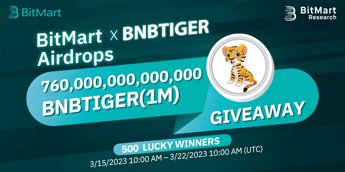 🌟BitMart X BNBTIGER(1M) Airdrop

1⃣Follow <a href="/BitMartResearch/">BitMart Research｜$BMX HODLer</a>&amp; <a href="/BitMartExchange/">BitMart</a>&amp; <a href="/BnbTiger/">BNBTiger</a>
2⃣Join t.me/BitMartExchang… &amp; t.me/BNBTigerEN
3⃣RT&amp;Tag 3 frds
4⃣Fill forms.gle/1XkQfhqC8r5SUw…

🎁 500 winners / 760,000,000,000,000 $BNBTIGER(1M)
Register👉 bitmart.com/register-refer…