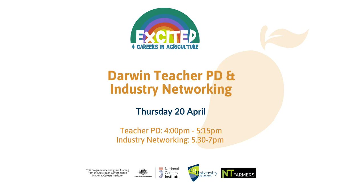 OzPIEF's tweet photo. 🔉ATTN: NT Teachers! You’re invited to the Excited 4 Careers in Agriculture Teacher PD and Industry Networking event.

This PD session will explore curriculum aligned activities designed for the local mango industry to explore local careers. 

👉Register: https://t.co/bCrBLW3UvN https://t.co/4NoBL1ECq1