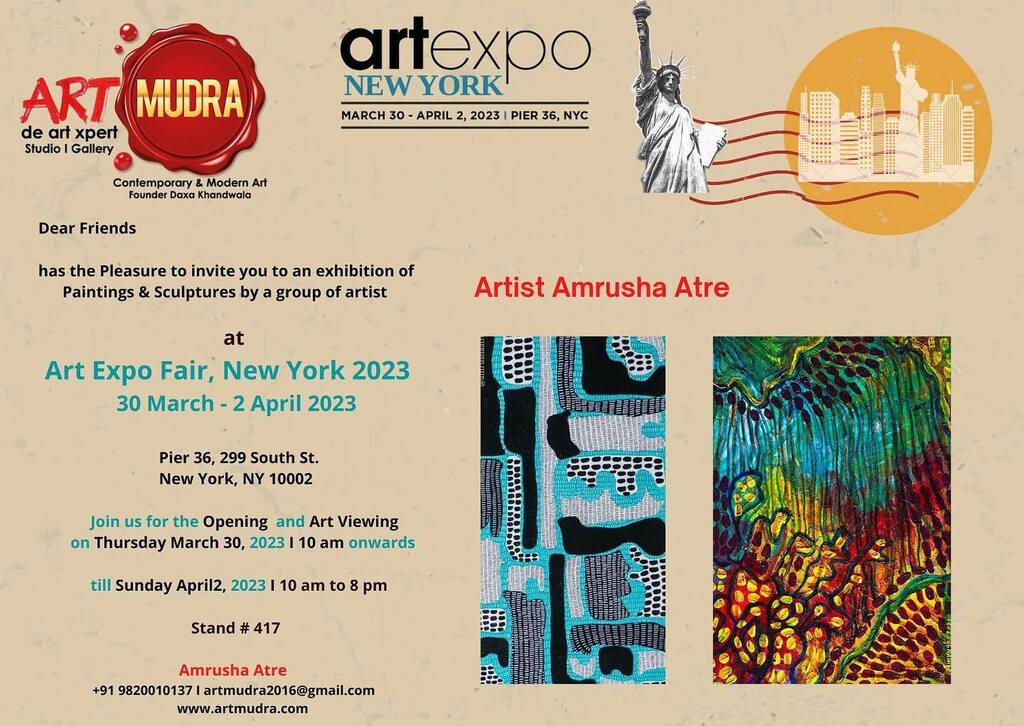 Dear friends,

Watch out for this space! Save the Date..

Tick Tock …Countdown Begins Starts..
Gear up..Ready Steady &amp; Go..

I Amrusha Atre, am very excited to be a part of the #Art Expo Fair, New York's #30 March -2 April 2023 edition, under the panel of #Artmudra - de art …