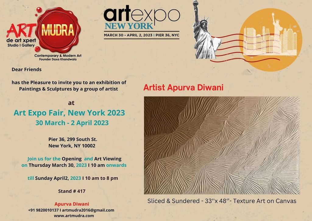 Dear friends,

Watch out for this space! Save the Date..

Tick Tock …Countdown Begins Starts..
Gear up..Ready Steady &amp; Go..

I Apurva Diwani, am very excited to be a part of the #Art Expo Fair, New York's #30 March -2 April 2023 edition, under the panel of #Artmudra - de art…